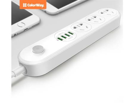 Сетевой фильтр ColorWay CW-CHU34W 3 розетки, 4 USB, 2 м, белый