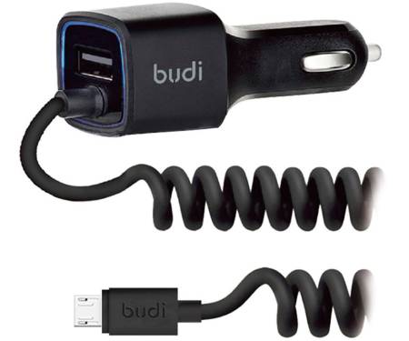 Автомобильное зарядное устройство BUDI Car charger Blue Led MicroUsb 1.2 m + 1USB 2.4A Black