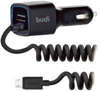 Автомобильное зарядное устройство BUDI Car charger Blue Led MicroUsb 1.2 m + 1USB 2.4A Black