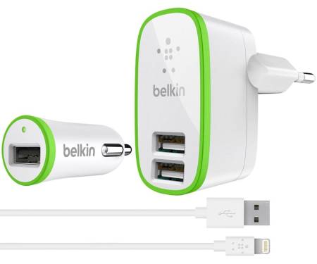 Сетевое зарядное устройство Belkin Travel charger 2USB 2.1A + Car charger 1USB 2.1A + Lightning cable White