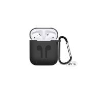 Силиконовый чехол для Airpods Silicon case с карабином и ремешком (Black)