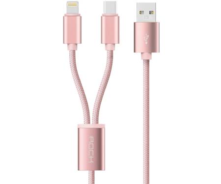 Кабель Rock 2 in 1 charging cable w/ersion B/USBA TO lightning+micro/ 1,2M Rose Gold