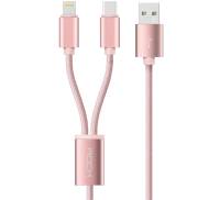 Кабель Rock 2 in 1 charging cable w/ersion B/USBA TO lightning+micro/ 1,2M Rose Gold