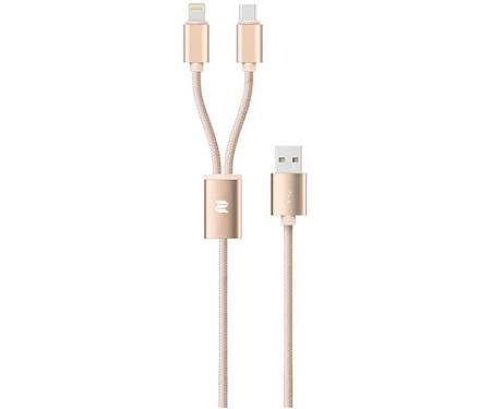 Кабель Rock 2 in 1 charging cable w/version D/USBA TO lightning+micro/ 1,2M Gold