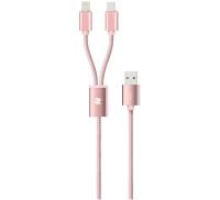 Кабель Rock 2 in 1 charging cable w/version D/USBA TO lightning+micro/ 1,2M Rose Gold