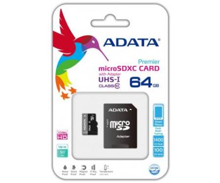 Карта памяти ADATA 64GB microSD class 10 UHS-I (AUSDX64GUICL10-RA1)