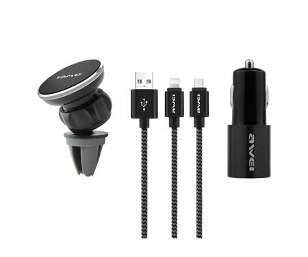 Автомобильное зарядное устройство Awei X10 Air Vent Car Holder and Charger and Cable 3-in-1 2USB 2.4A Black