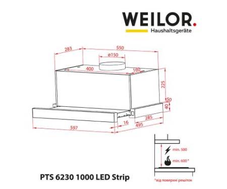 Вытяжка кухонная WEILOR PTS 6230 WH 1000 LED strip