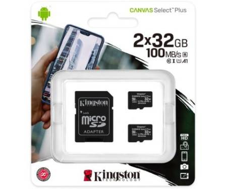 Карта памяти Kingston 2x32GB microSD class 10 U1 V10 A1 Canvas Select Plus (SDCS2/32GB-2P1A)