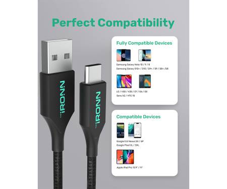 Кабель IRONN Type-A to Type-C 18W (1.8m) Black Nylon (AC18BN-L)