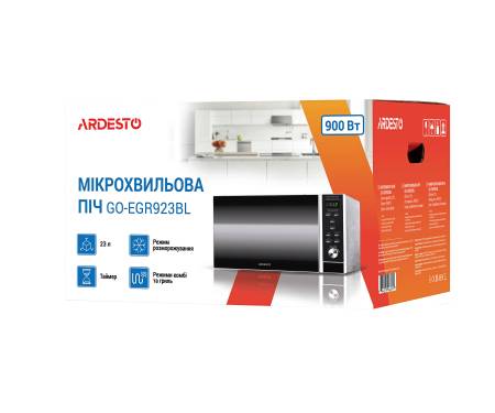 ARDESTO Микроволновая печь, 23л, электр. управл., 900Вт, гриль, дисплей, откр.кнопкой, черный