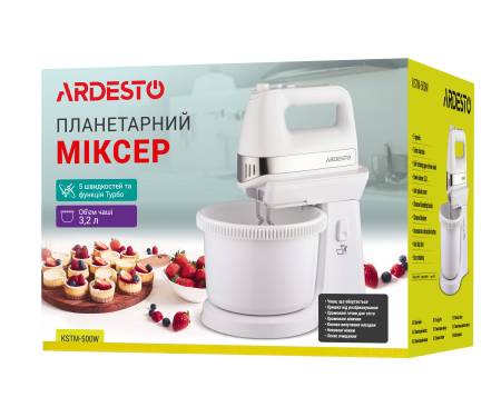 ARDESTO Миксер с чашей Ardesto KSTM-500W - 500Вт/5 скор.+турбо/ 2 венчика/2 крючка/белый