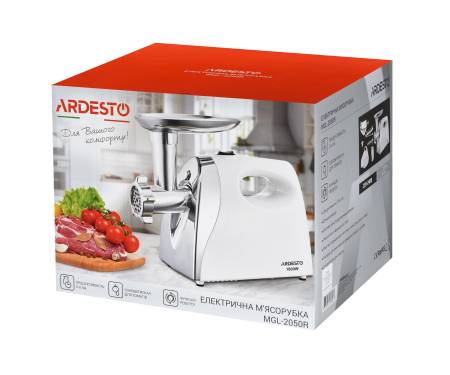 ARDESTO М`ясорубка MGL-2050R -1800Вт/2кг-хв/томат. соковиж./білий-нерж.сталь