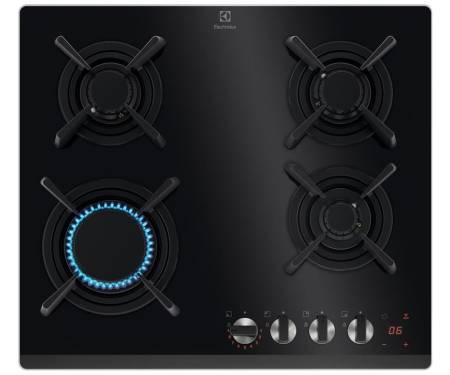 Electrolux Варильна поверхня газова на склі, 60см, чавун, електрон. керування, Hob2Hood, чорний