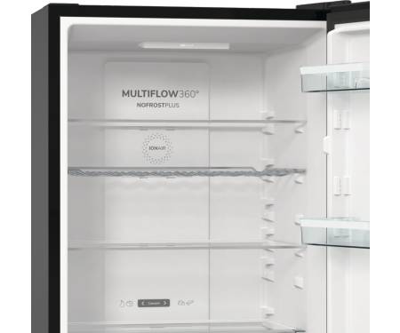 Gorenje Холодильник з нижн. мороз. камерою 185х60х60см, 2 двері, 204(96)л, А++, NoFrost+ , LED дисплей, Зона св-ті, чорний