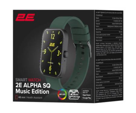 Смарт-годинник 2E Alpha SQ Music Edition 46mm Black-Green (2E-CWW40BKGN)