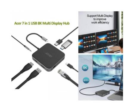 Порт-реплікатор Acer 7-in-1, 8K, HDMI, DP, 2xUSB3.2, USB-C, RJ45, 3.5mm AP (HP.DSCAB.013)