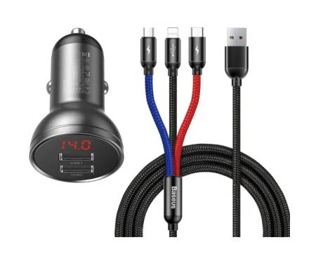 Автомобильное зарядное устройство Baseus Digital Display 2USB 4.8A 24W + кабель 3-in-1 Black Suit Grey (TZCCBX-0G) 1