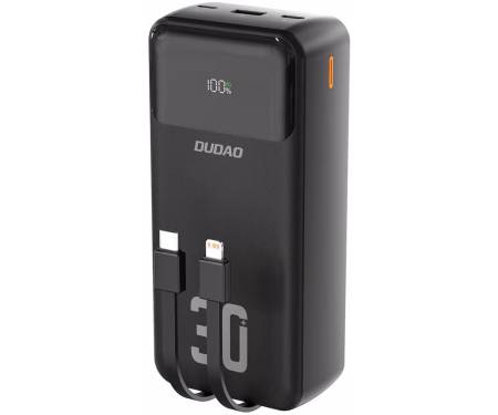Зовнішній акумулятор (повербанк) Dudao K15MAX Built-in Cables 30000mAh PD 22.5W Black (6976625333783)