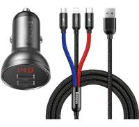 Автомобільний зарядний пристрій Baseus Digital Display 2USB 4.8A 24W + 3-in-1 cable Black Suit Grey (TZCCBX-0G)