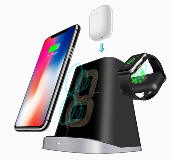 Беспроводное зарядное устройство 10 Вт 3 в 1 Qi Black