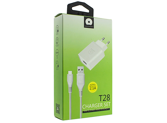 Сетевое зарядное устройство WUW T28 2.1A 2USB with Type-C Cable White