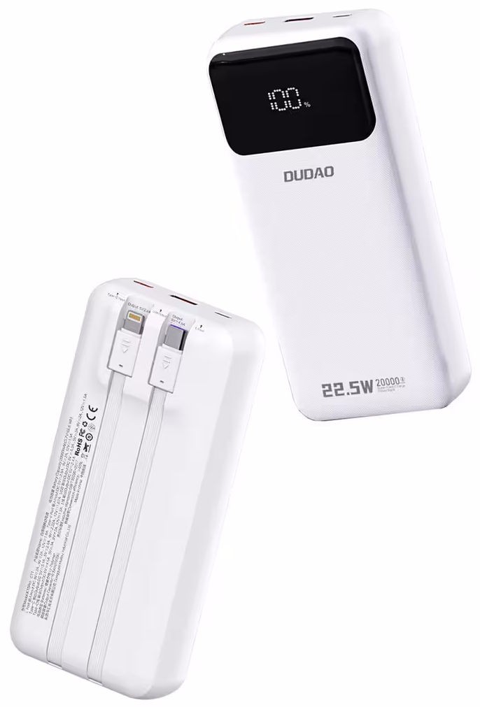 Зовнішній акумулятор (повербанк) Dudao K15Pro Built-in Cables 20000mAh PD 22.5W White (6977196682447) фото 2