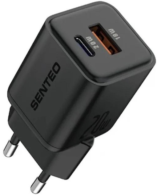 Мережевий зарядний пристрій Senteo Z-22 (1USB-C+1USB-A PD20W GaN/QC3.0 18W) Mini Charger (with Certificate CE) Black фото 1