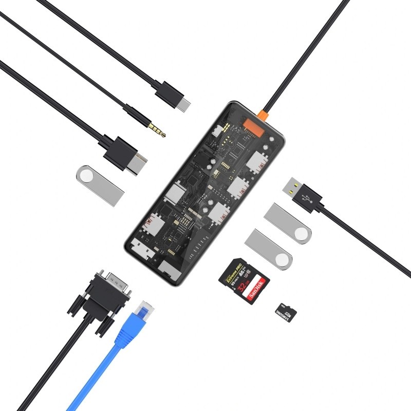 Мультипортовий адаптер WiWU CB011 Cyber 11 в 1 USB-C to USB3.0, SD/TF, HDMI, RJ45, VGA, PD + 3.5mm Gray фото 2
